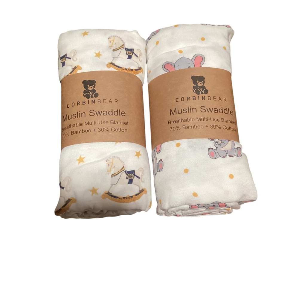 Corbin Bear Muslin Swaddle 2 Pack Bamboo Cotton Rocking Horse Elephant White